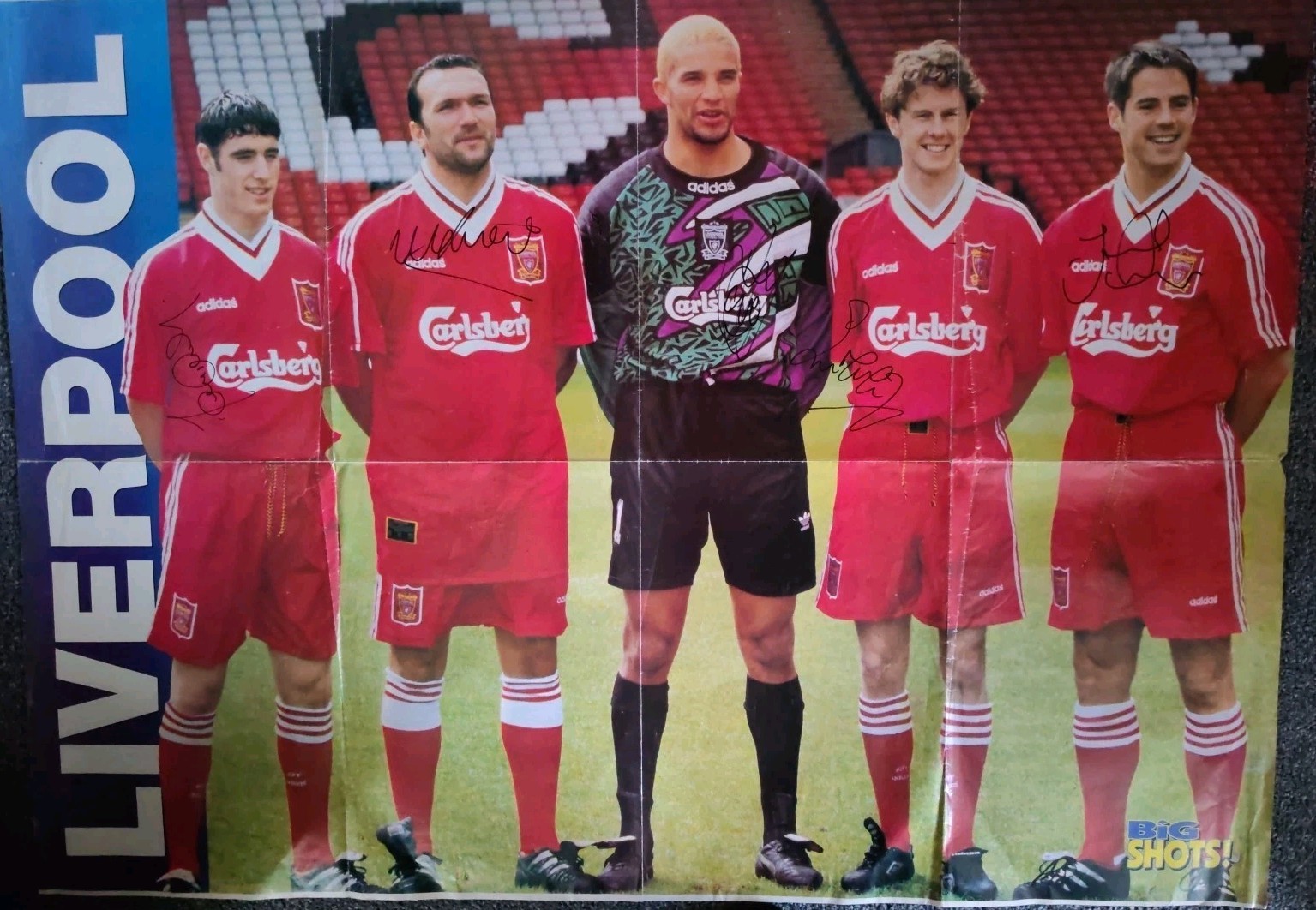 Genuine signed Liverpool Poster, Jamie Rednapp, David James, Steve Mcmanam An for sale on Ebay
