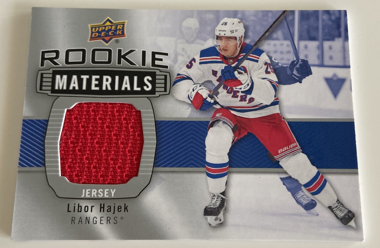 🚨🚨Damage-Libor Hajek-Rookie Materials Red Jersey-UD2 2019-20-Rangers for sale on Ebay