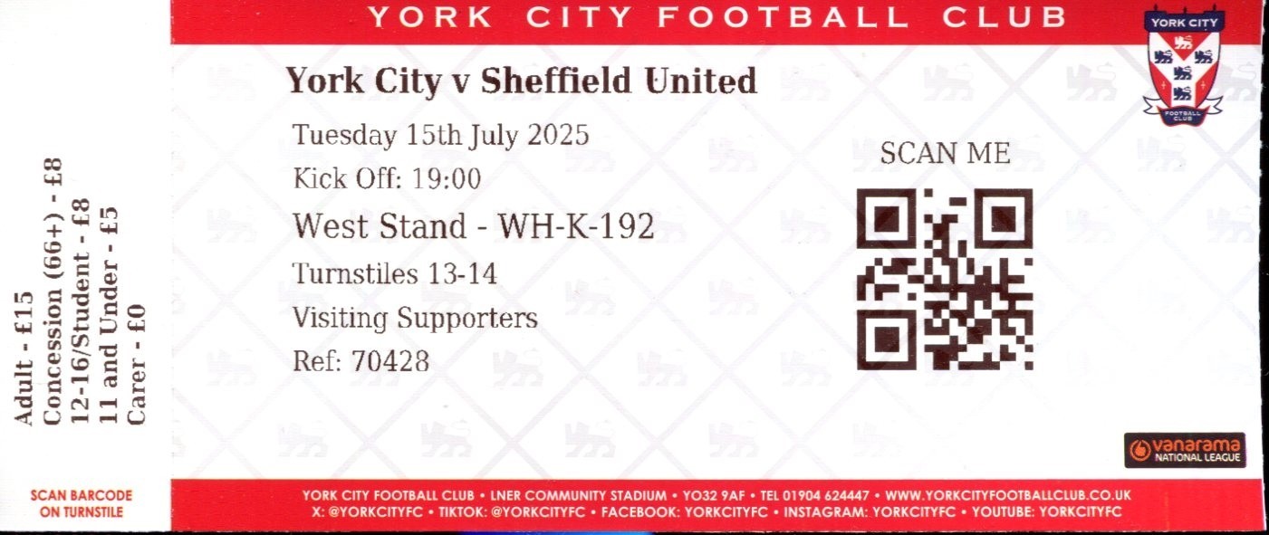 York City v Sheffield United 15/07/25 Ticket Friendly for sale on Ebay
