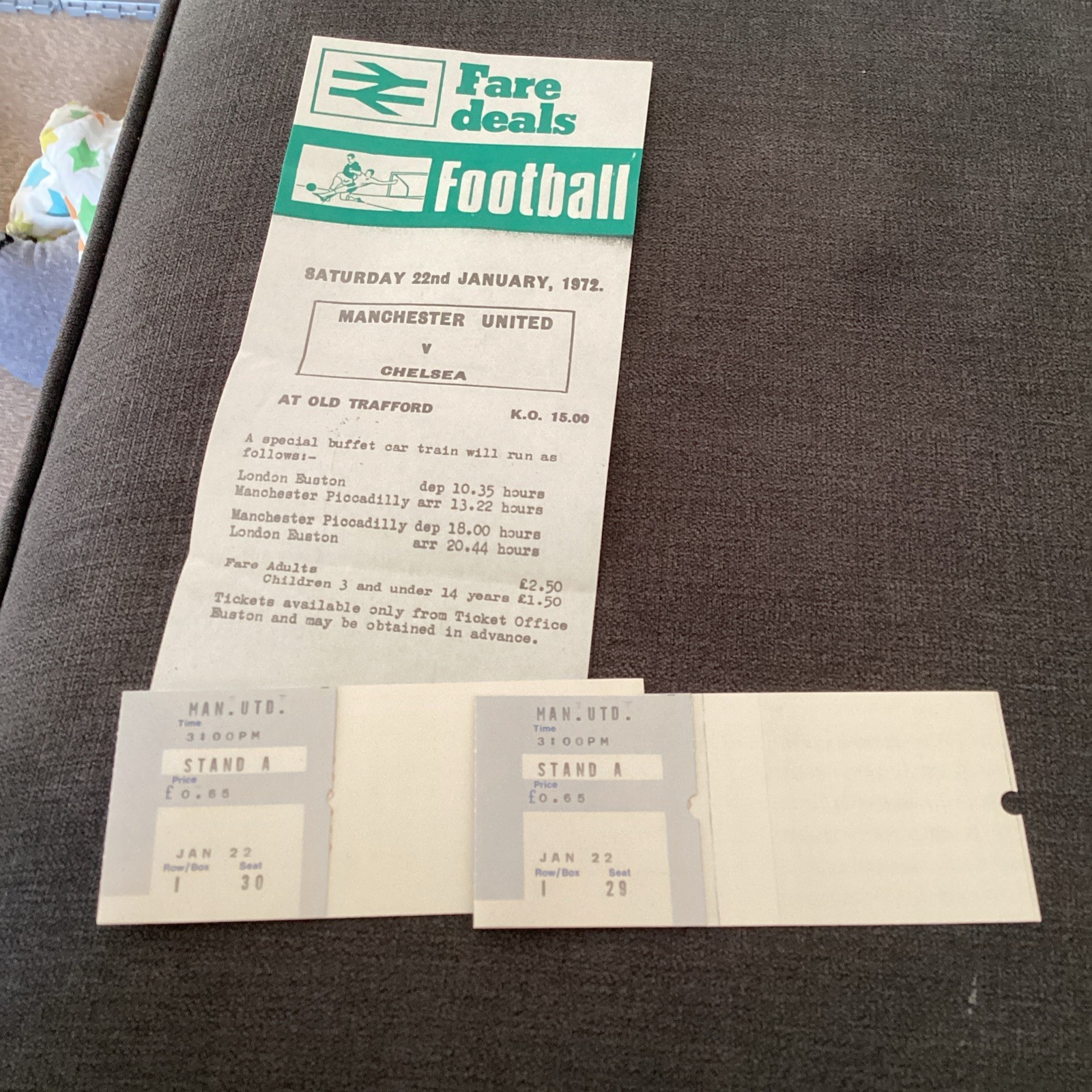 1971/72 Man Utd v Chelsea two match tickets and rail travel details for sale on Ebay