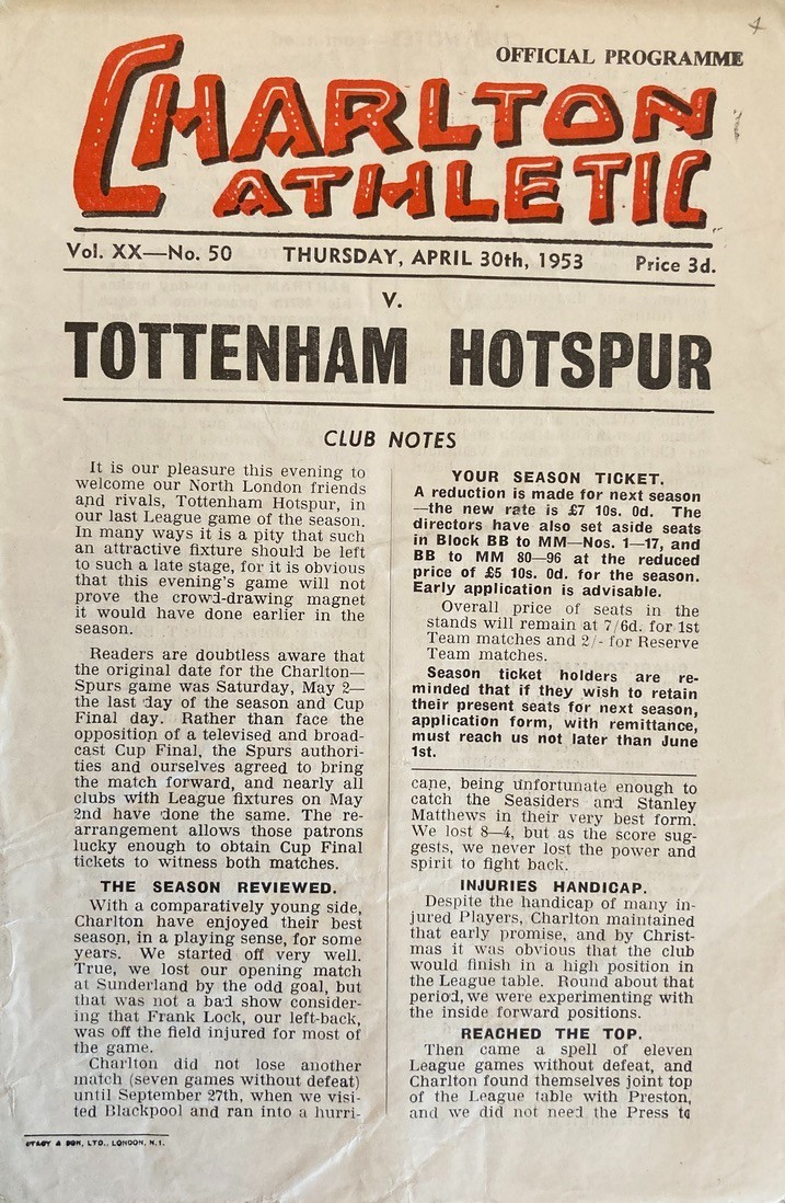 Charlton Athletic v Tottenham Hotspur Div 1 1952/53 for sale on Ebay