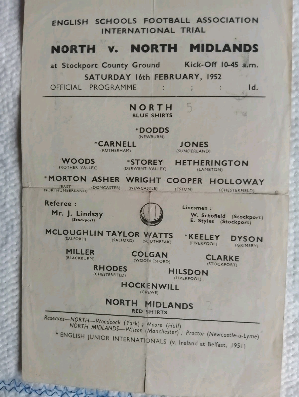 England Schools International Trial 1951/2 North Boys v North Midlands Boys. for sale on Ebay