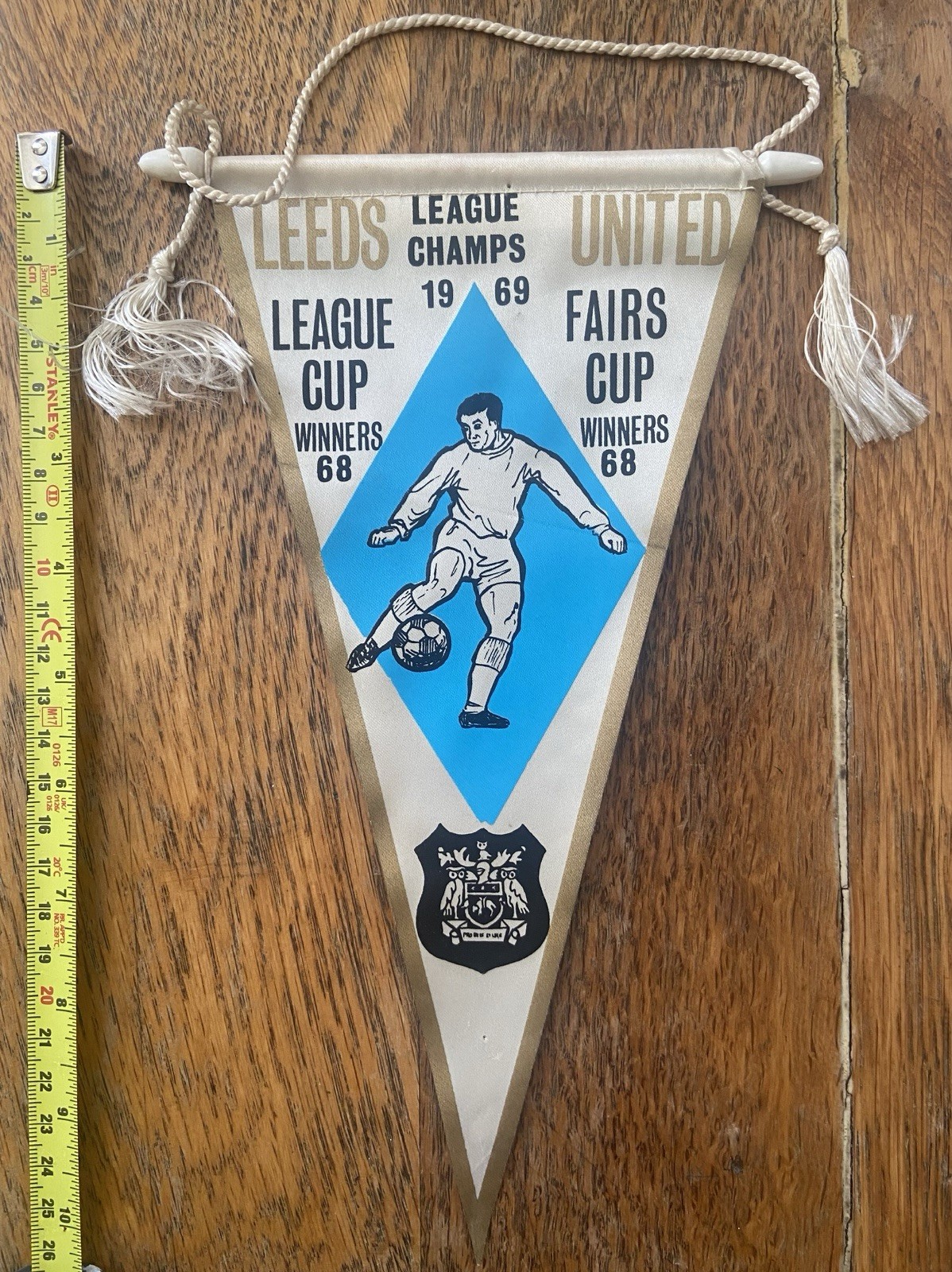 1968-69 LEEDS UNITED Pennant - celebrating 3 Titles.  27cm x 16cm. Excellent. for sale on Ebay