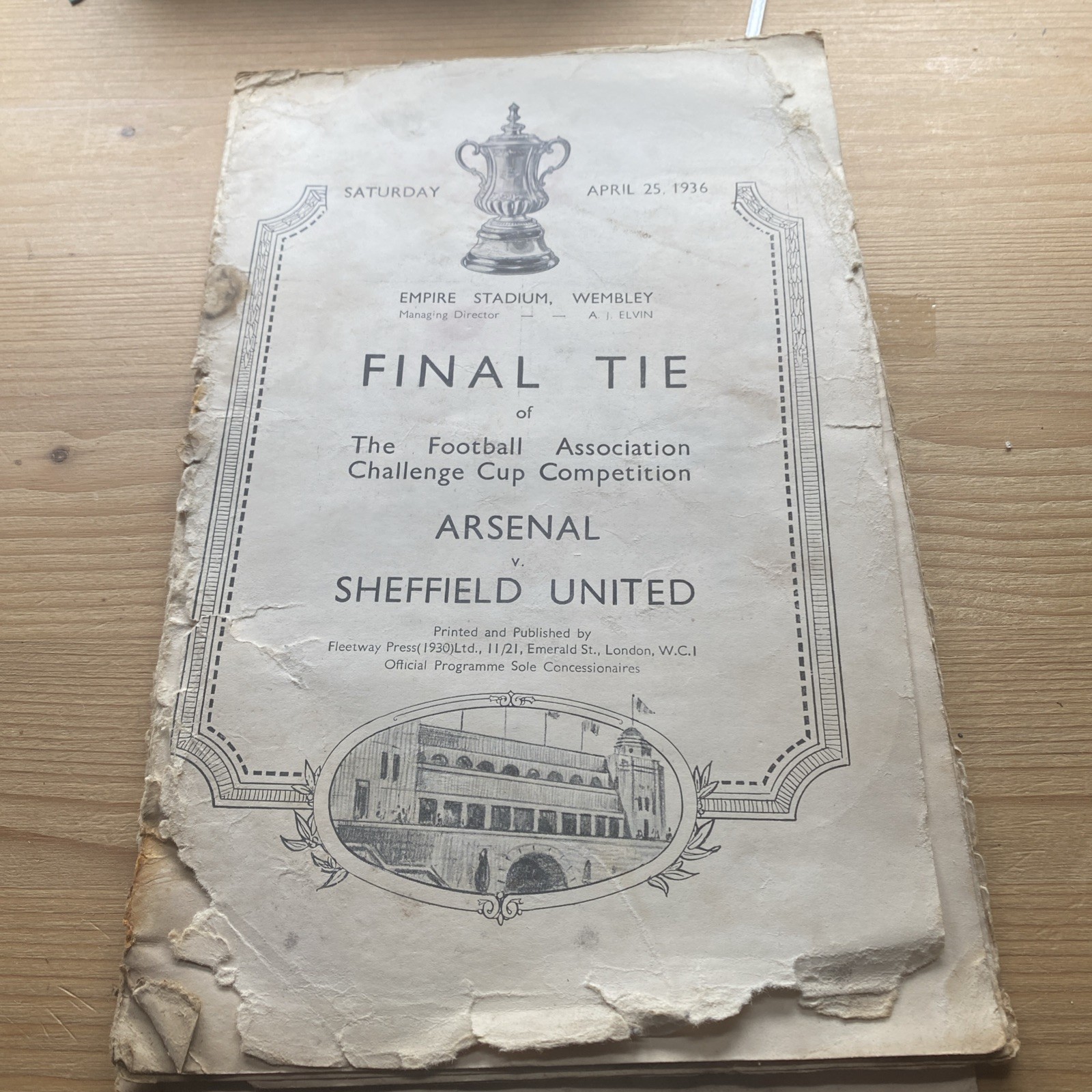 ARSENAL V SHEFFIELD UNITED     1936  FA CUP FINAL WEMBLEY  VERY POOR CONDITION for sale on Ebay