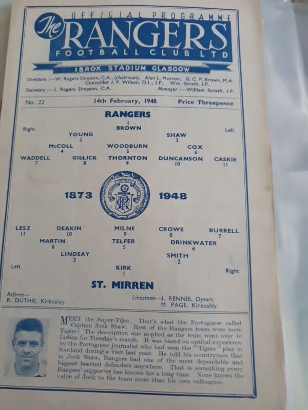 Rangers  v St Mirren 14 February 1948 for sale on Ebay
