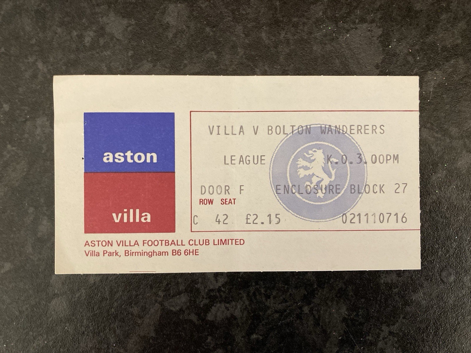Aston Villa v Bolton Wanderers TICKET 1979/80 for sale on Ebay