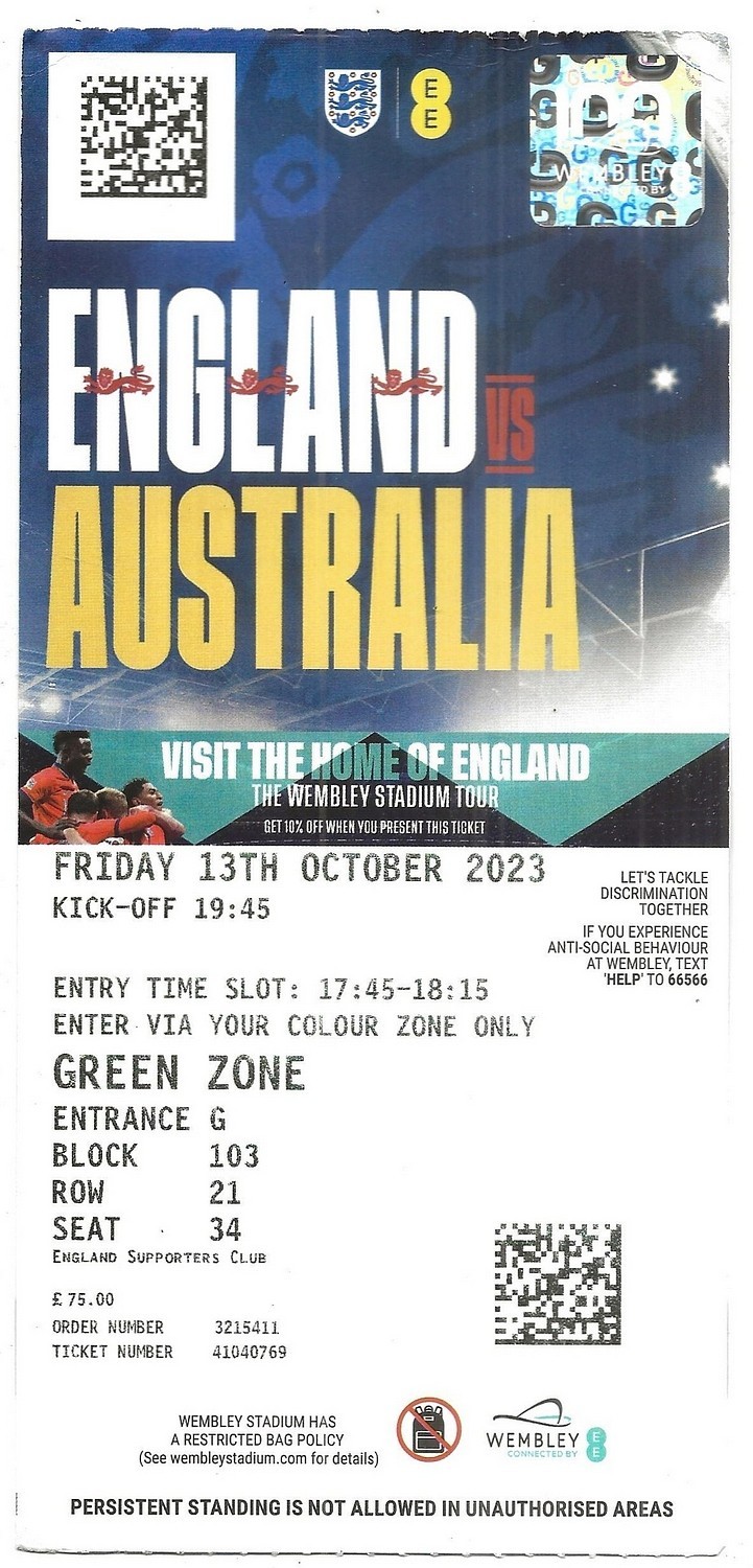 Football Ticket ENGLAND v AUSTRALIA Oct 2023 @ Wembley Stadium for sale on Ebay