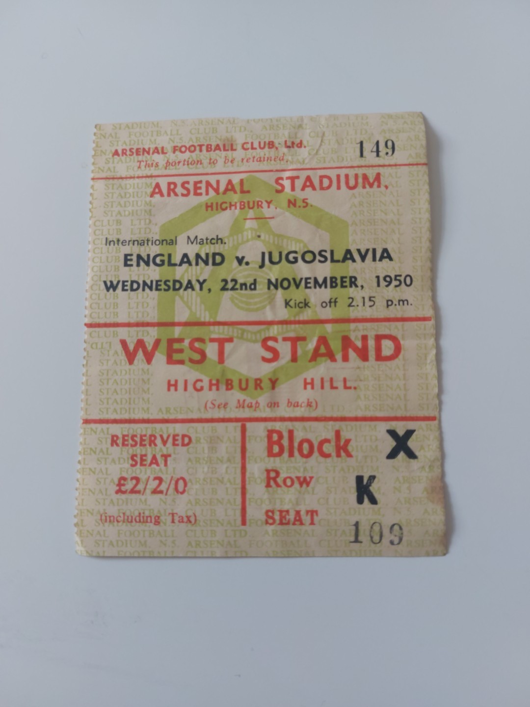 VINTAGE ENGLAND v JUGOSLAVIA FOOTBALL MATCH TICKET ORIGINAL &RARE 22ND NOV 1950 for sale on Ebay