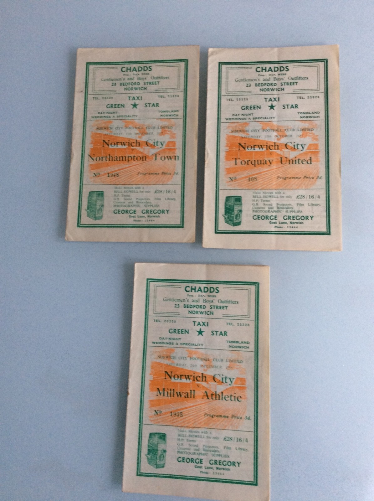 3 X NORWICH CITY HOMES V MILLWALL 1955, TORQUAY 1955, NORTHAMPTON 1955 for sale on Ebay