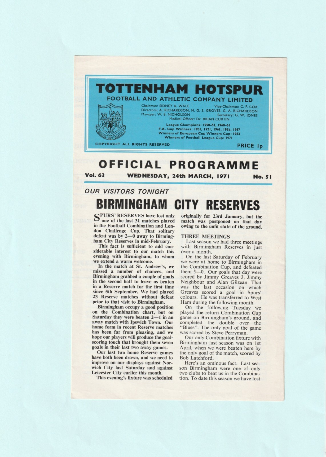 1970-1971 FOOTBALL COMBINATION : TOTTENHAM / SPURS v BIRMINGHAM CITY RESERVES for sale on Ebay