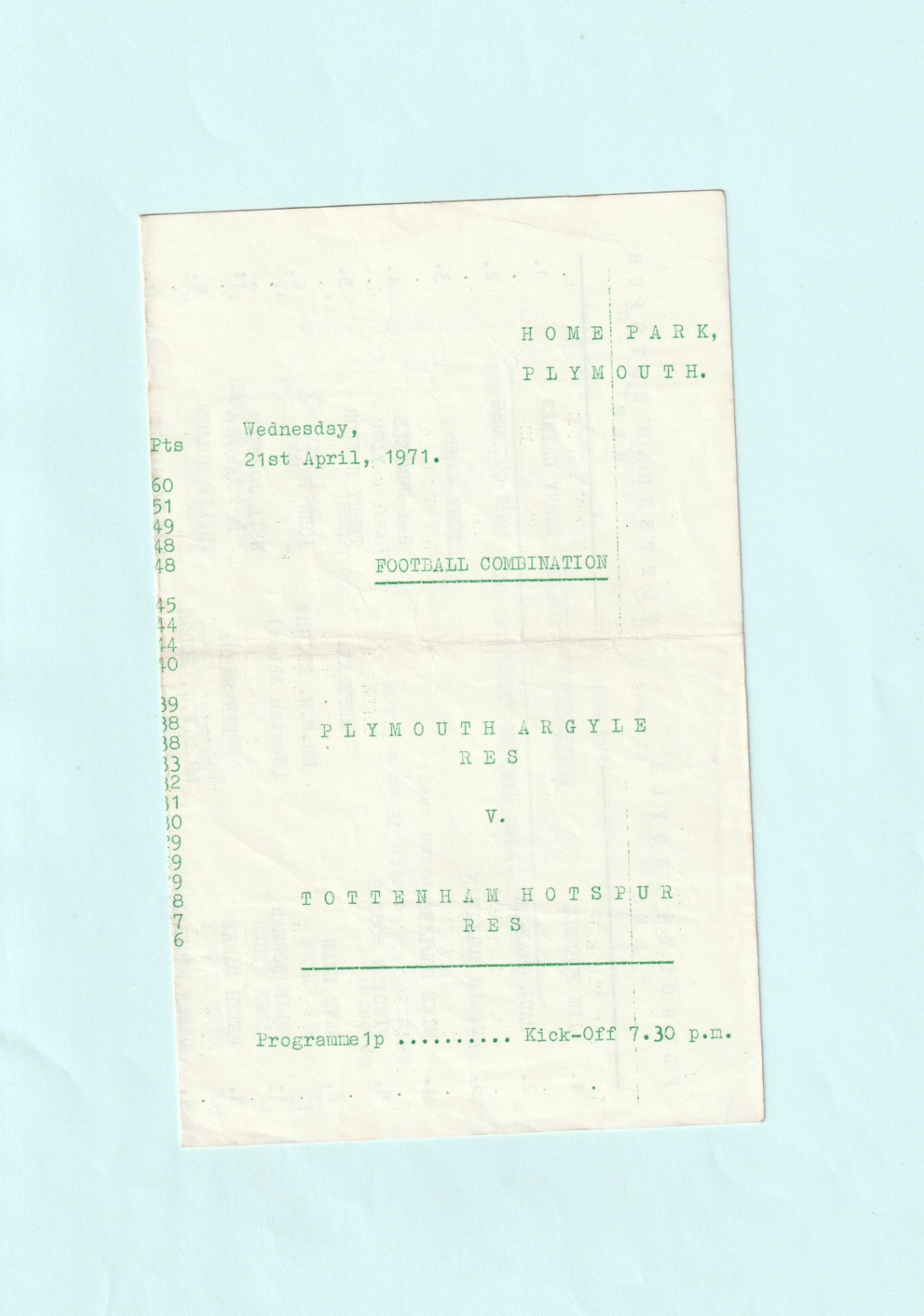 1970-1971 FOOTBALL COMBINATION : PLYMOUTH ARGYLE v TOTTENHAM / SPURS RESERVES for sale on Ebay