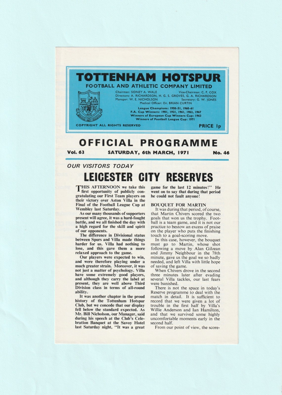 1970-1971 FOOTBALL COMBINATION : TOTTENHAM / SPURS v LEICESTER CITY RESERVES for sale on Ebay