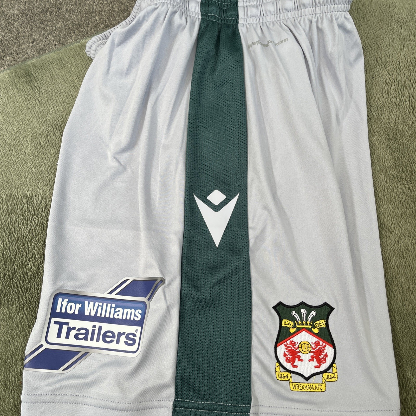 Wrexham FC shorts. Rare Green/silver with Ifor Williams . logo - Size Medium.  for sale on Ebay