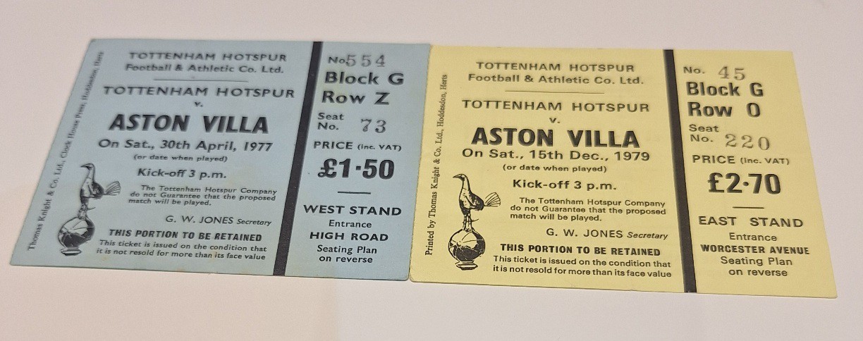 Two Tottenham Hotspur v Aston Villa Tickets From The Late 1970's for sale on Ebay