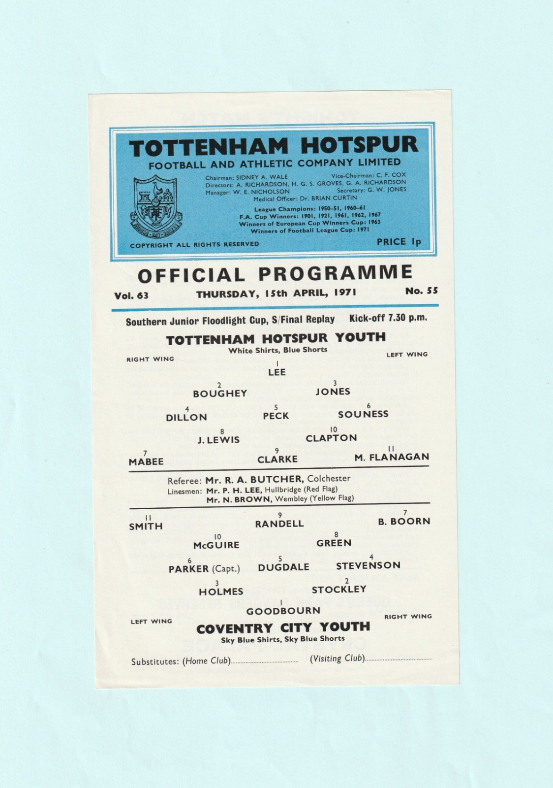 1970-71 SOUTHERN JUNIOR FLOODLIT CUP : TOTTENHAM / SPURS YOUTH v COVENTRY CITY for sale on Ebay