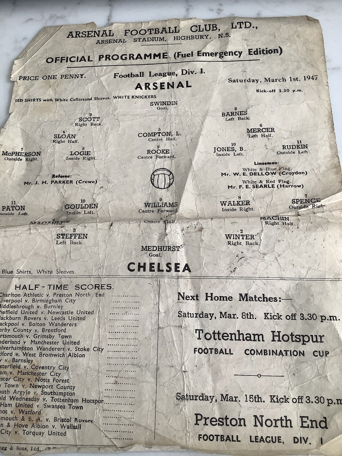 Arsenal v Chelsea Fuel Emergency Edition 1.3.1947 Rare Single Sheet for sale on Ebay