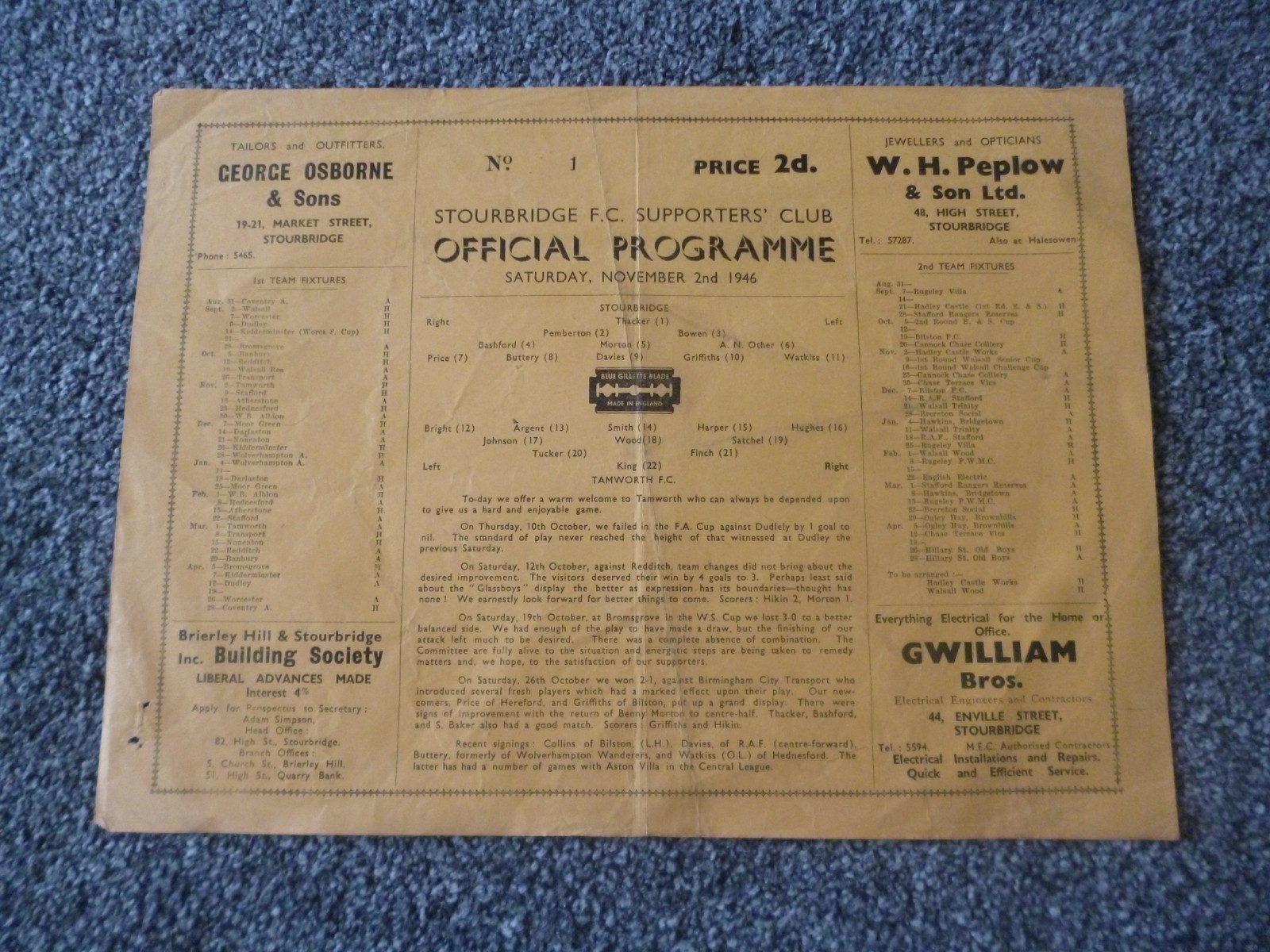 Stourbridge v Tamworth FC 1946/47 s/s Birmingham Combination Football Programme for sale on Ebay