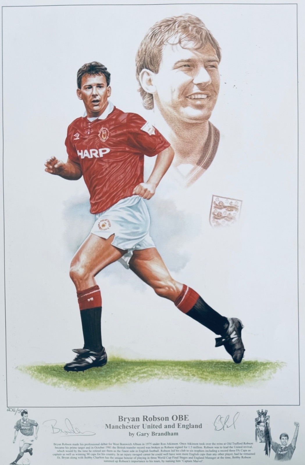 Manchester United Bryan Robson 204/500 Gary Bradham Artwork 20 x 13 COA for sale on Ebay