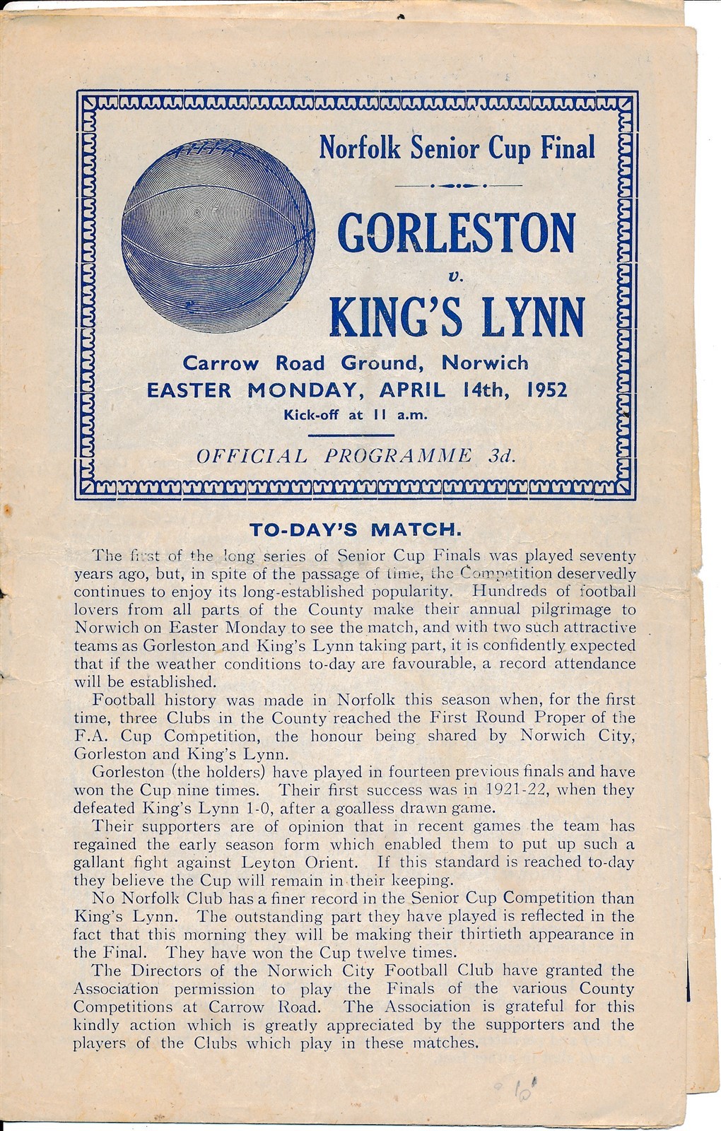 NORWICH CITY - Gorleston v Kings Lynn (Norfolk Cup Final @ Carrow Road) 1952 for sale on Ebay