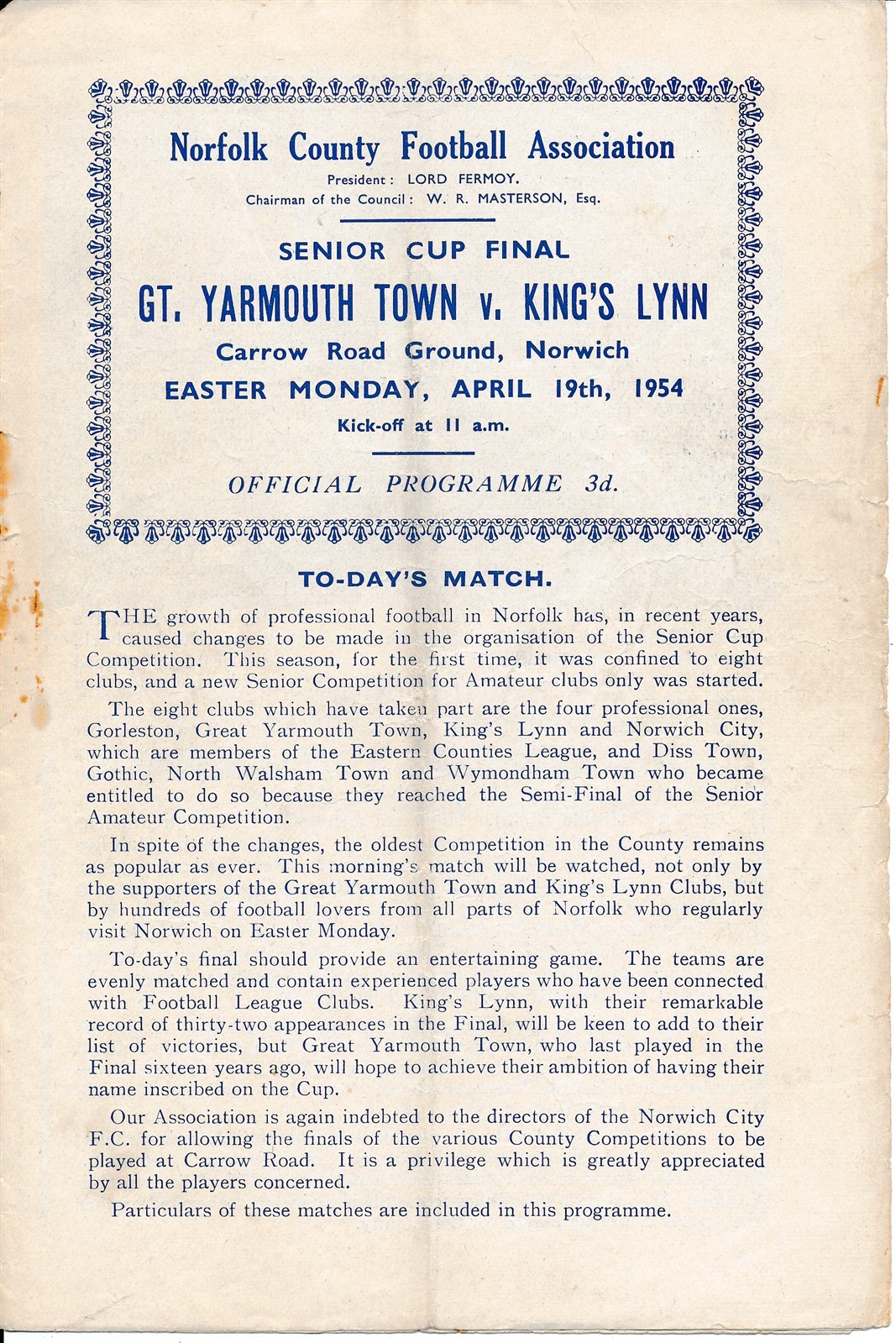 NORWICH CITY - Gt Yarmouth v Kings Lynn (Norfolk Cup Final @ Carrow Road) 1954 for sale on Ebay