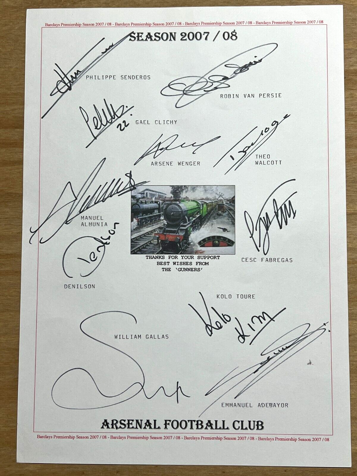 Hand Signed A4 Team sheet - Arsenal FC season 2007/08 - 11 signatures for sale on Ebay