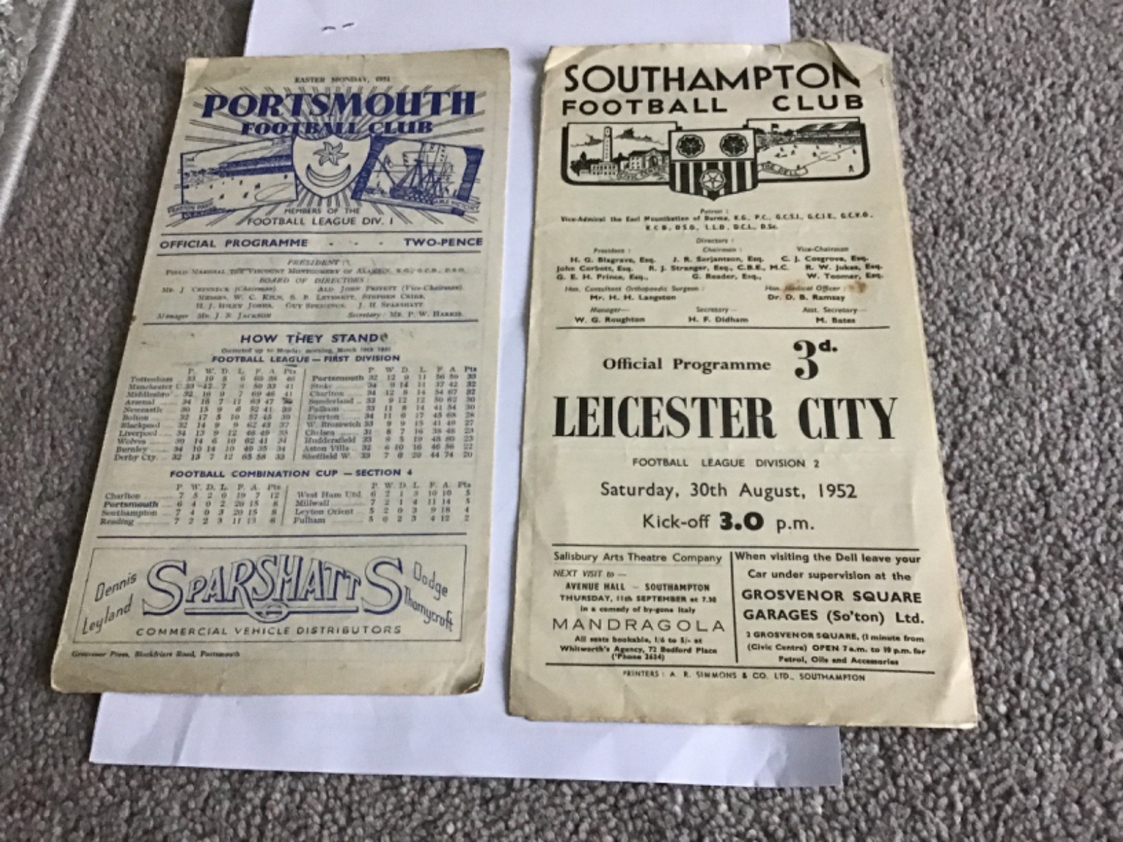 2 x Southampton Home Football Programmes 1951 & 1952. for sale on Ebay