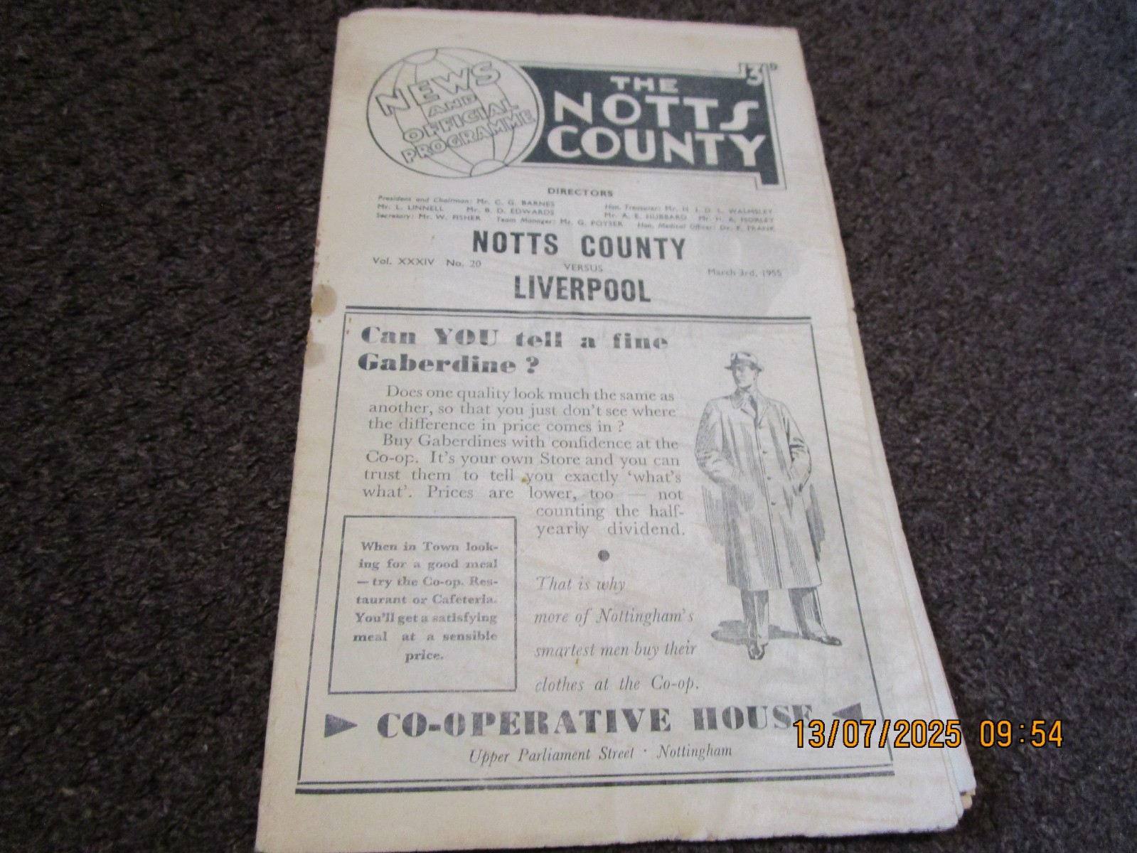 NOTTS COUNTY  v  LIVERPOOL   1954/5  MARCH 3rd for sale on Ebay