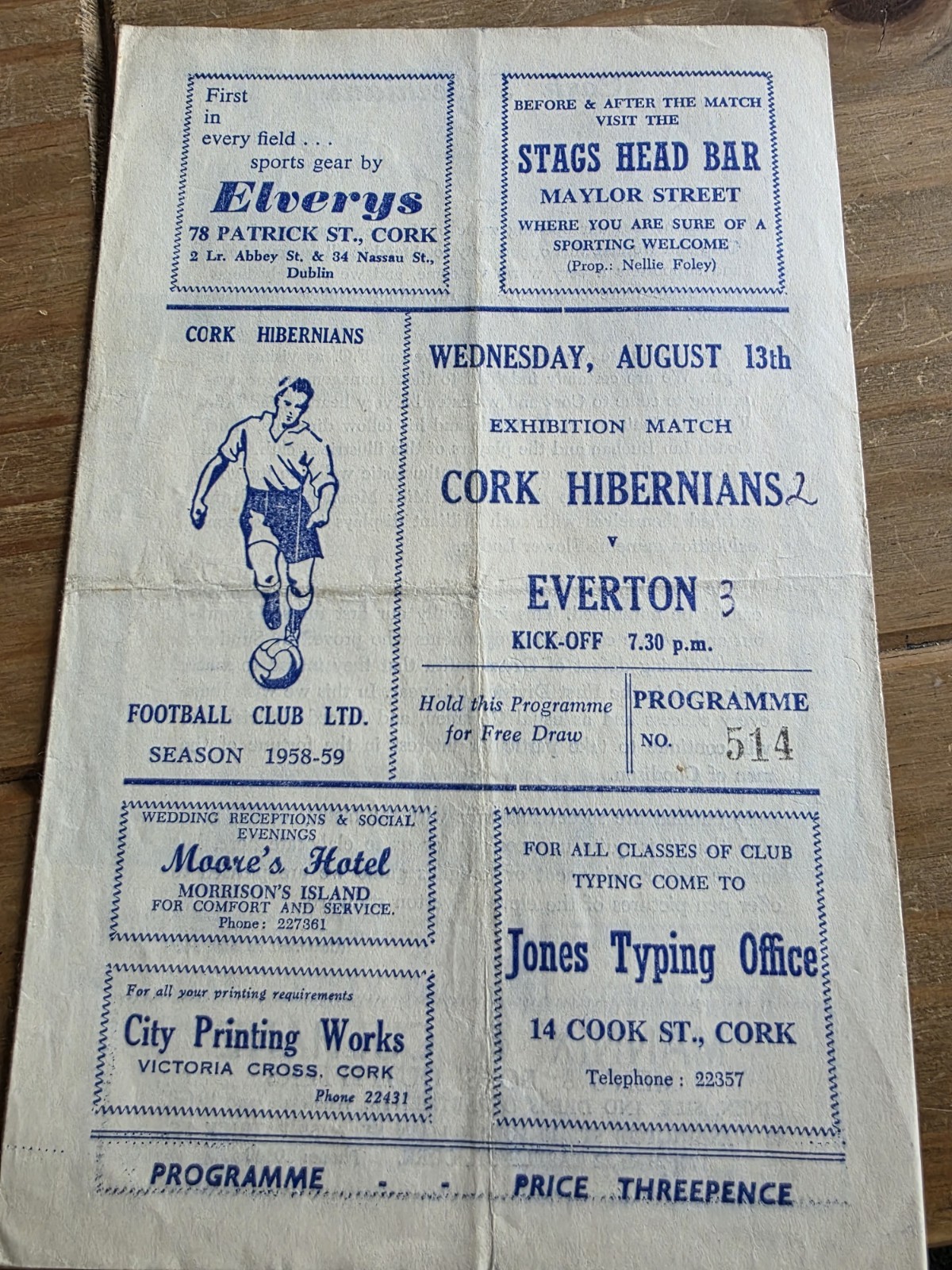 CORK HIBERNIANS V EVERTON 13/8/1955 CORK **VERY RARE** for sale on Ebay