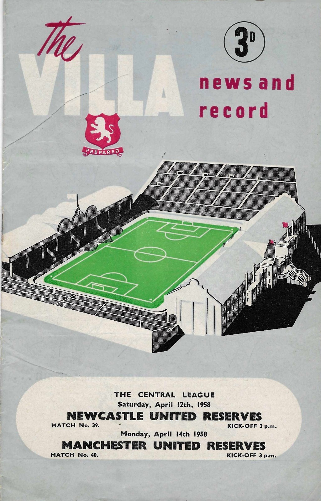ASTON VILLA V NEWCASTLE UNITED / MANCHESTER UNITED RESERVES APRIL 1958 for sale on Ebay