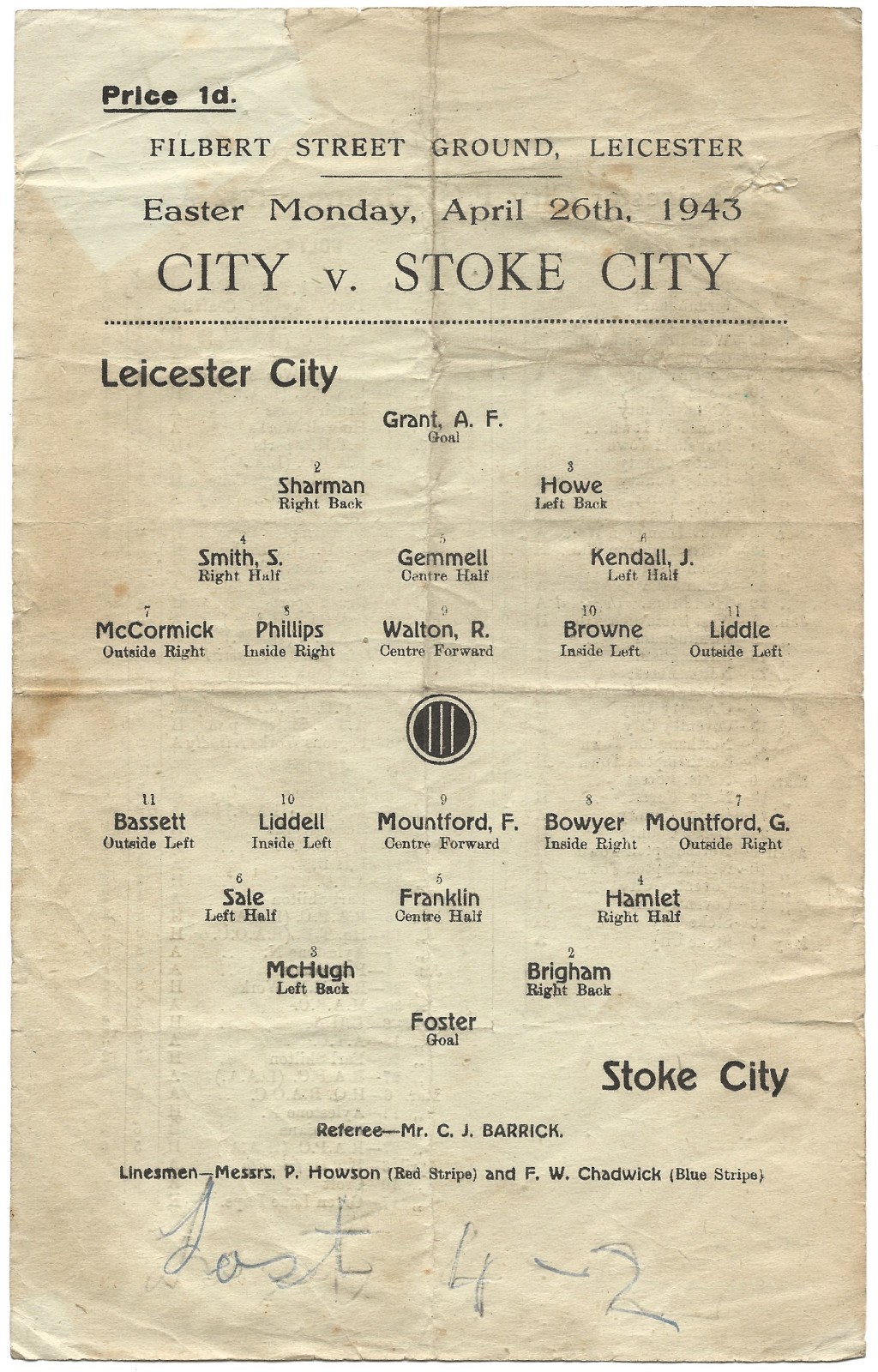 Leicester City v Stoke City 1942/43 programme for sale on Ebay
