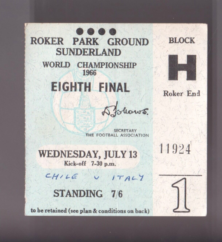 ENGLAND WORLD CUP 1966 FOOTBALL TICKET CHILE V ITALY AT ROKER PARK SUNDERLAND for sale on Ebay
