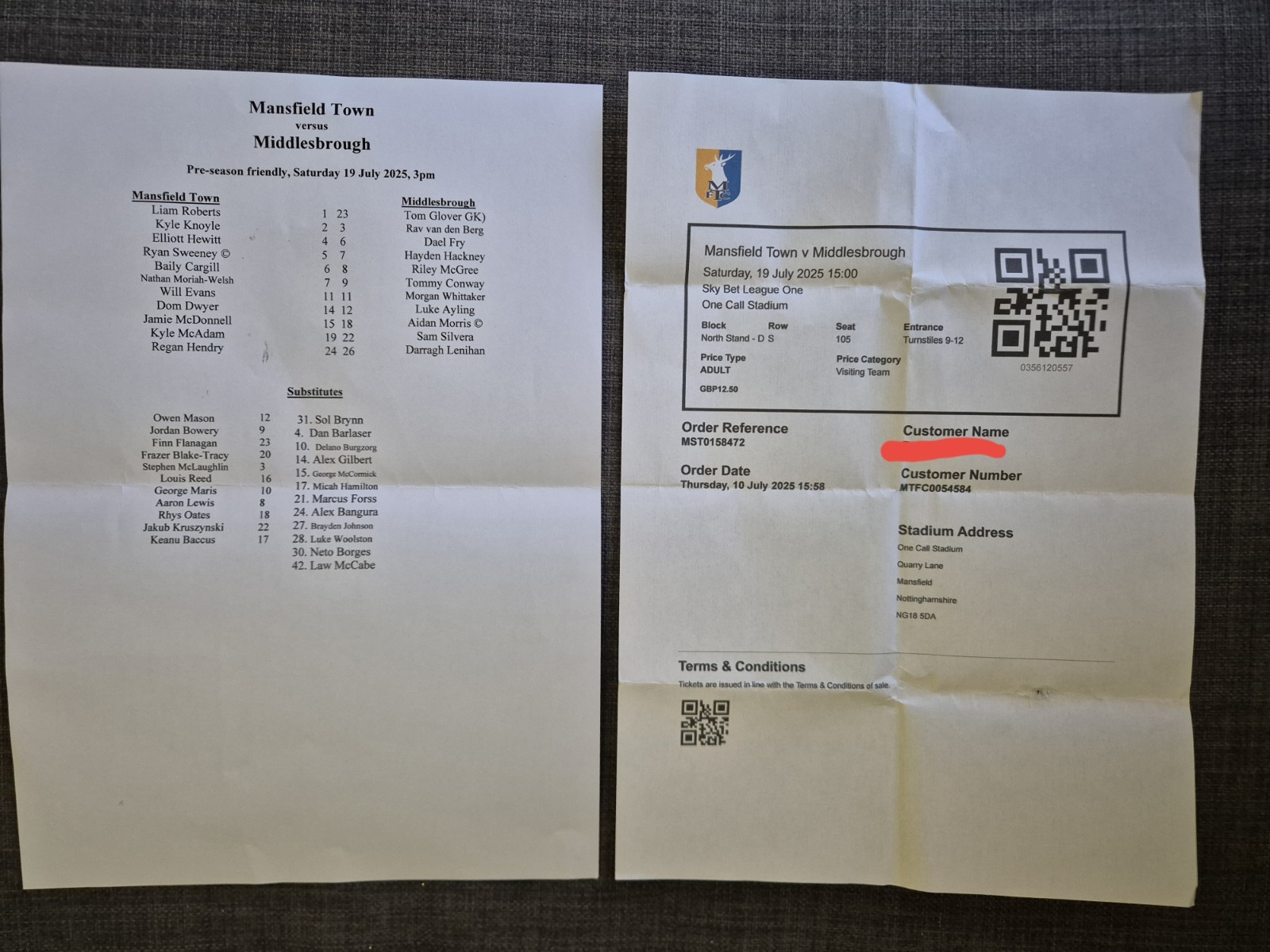 ***Mansfield Vs Middlesbrough Friendly Football Teamsheet And Ticket 19/07/25*** for sale on Ebay