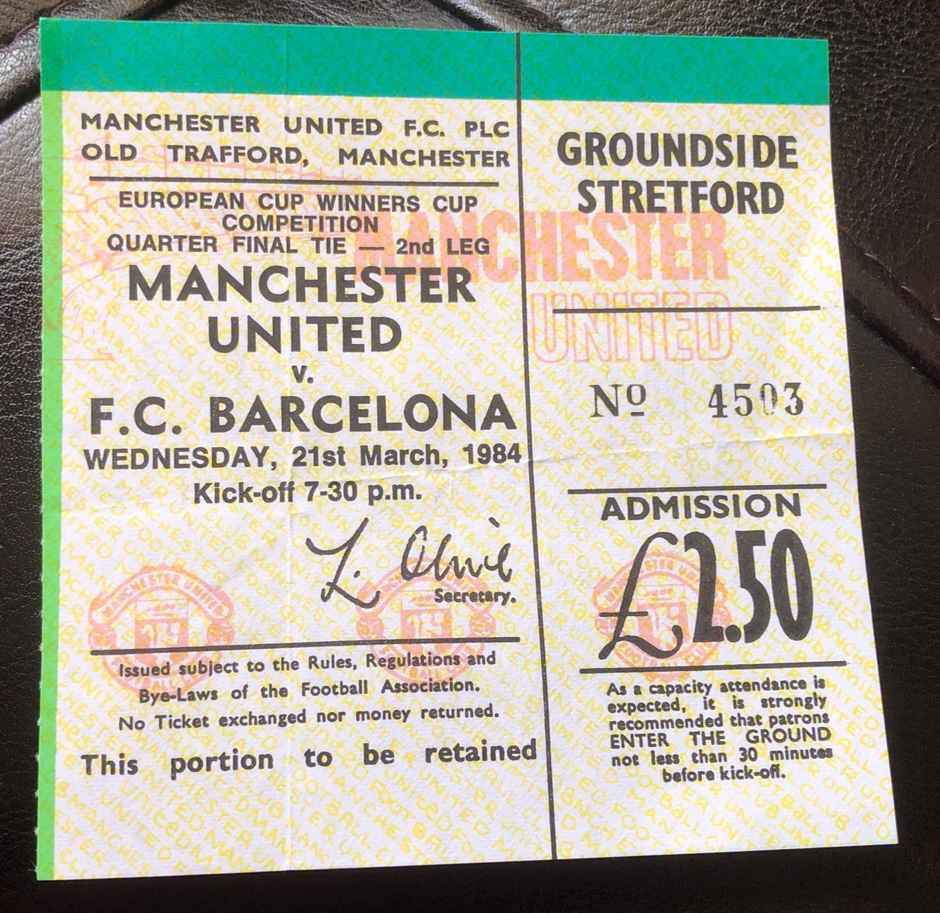 Manchester United v F C Barcelona 21/3/84 European Cup Winners Cup for sale on Ebay
