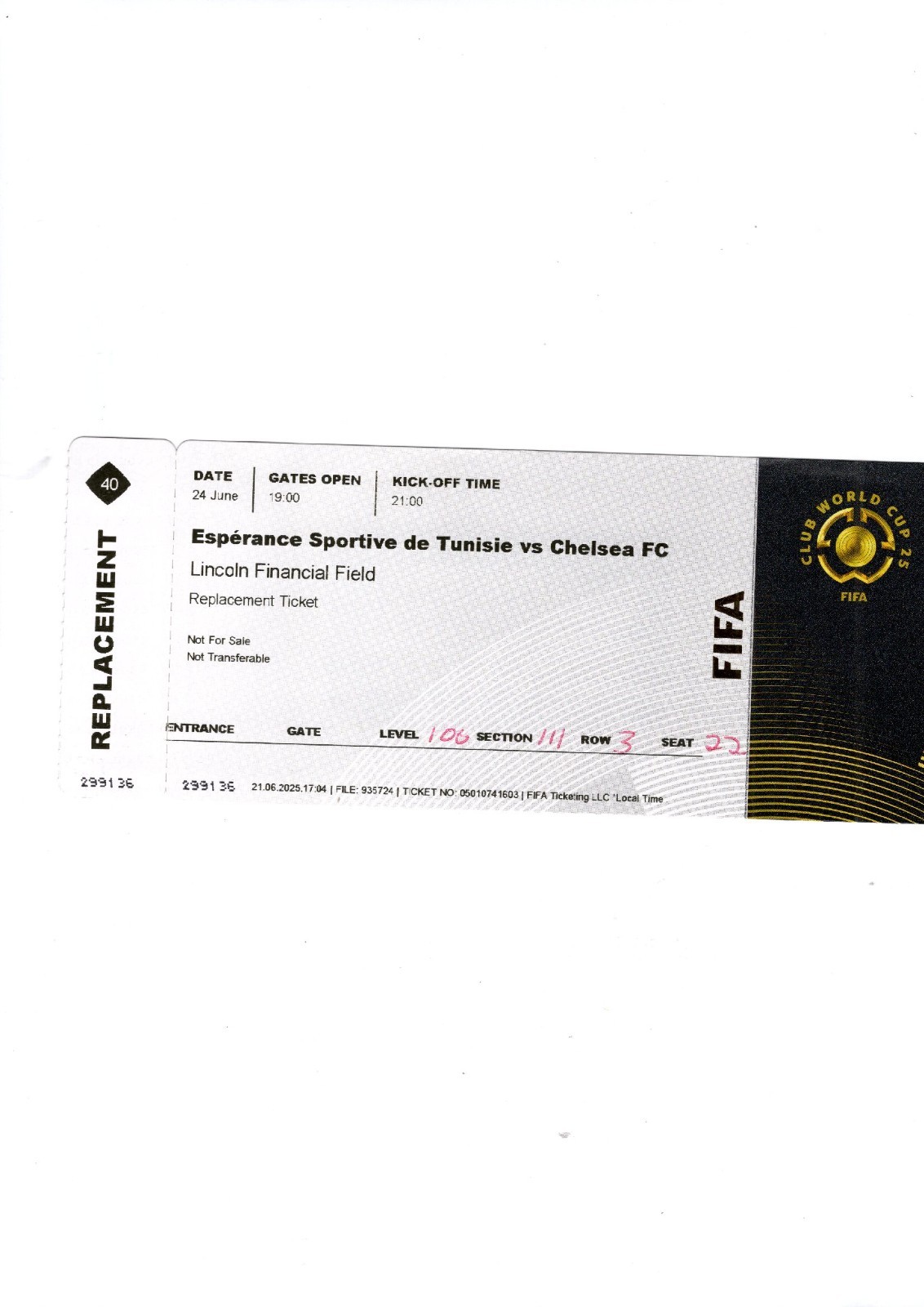 Ticket Chelsea v Esperance Sportive de Tunisie Club World Cup 2025 for sale on Ebay