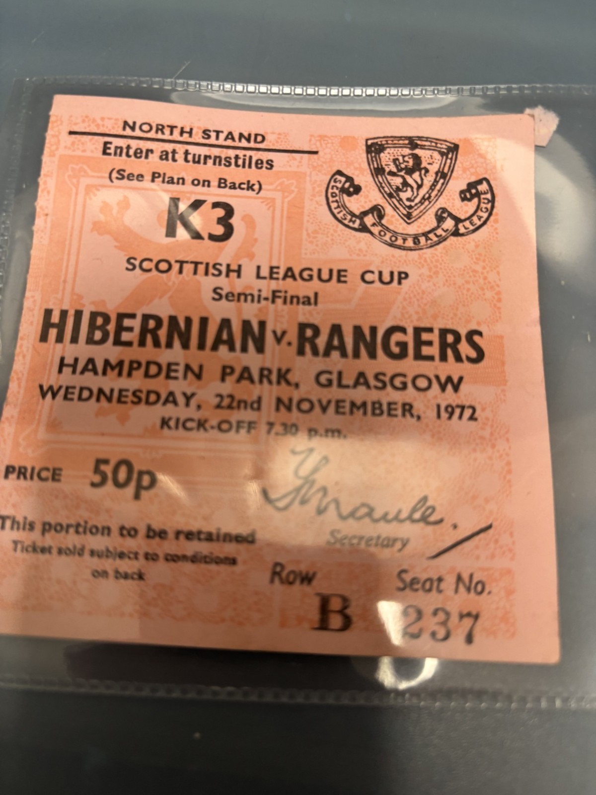 TICKET 1972 LEAGUE CUP SEMI FINAL RANGERS  v HIBERNIAN NORTH STAND for sale on Ebay