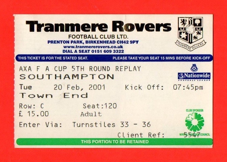 2000/01 TRANMERE 4-3 SOUTHAMPTON (WAS 0-3) FA CUP 5TH ROUND REPLAY 20.02.01 RARE for sale on Ebay