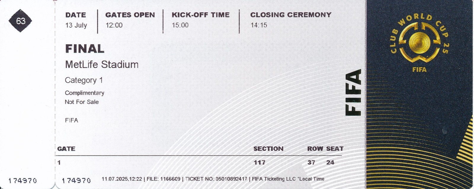GENUINE TICKET FIFA CLUB WORLD CUP USA 2025 FINAL Chelsea v Paris Saint Germain for sale on Ebay