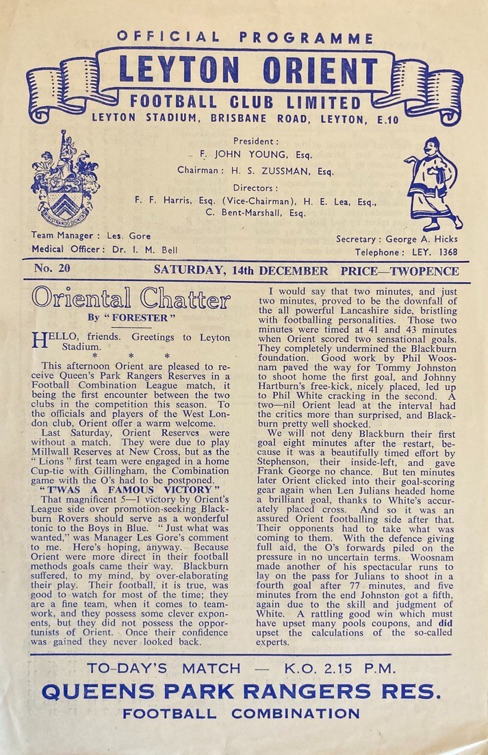 Leyton Orient v Queens Park Rangers Football Combination 1957/58 for sale on Ebay