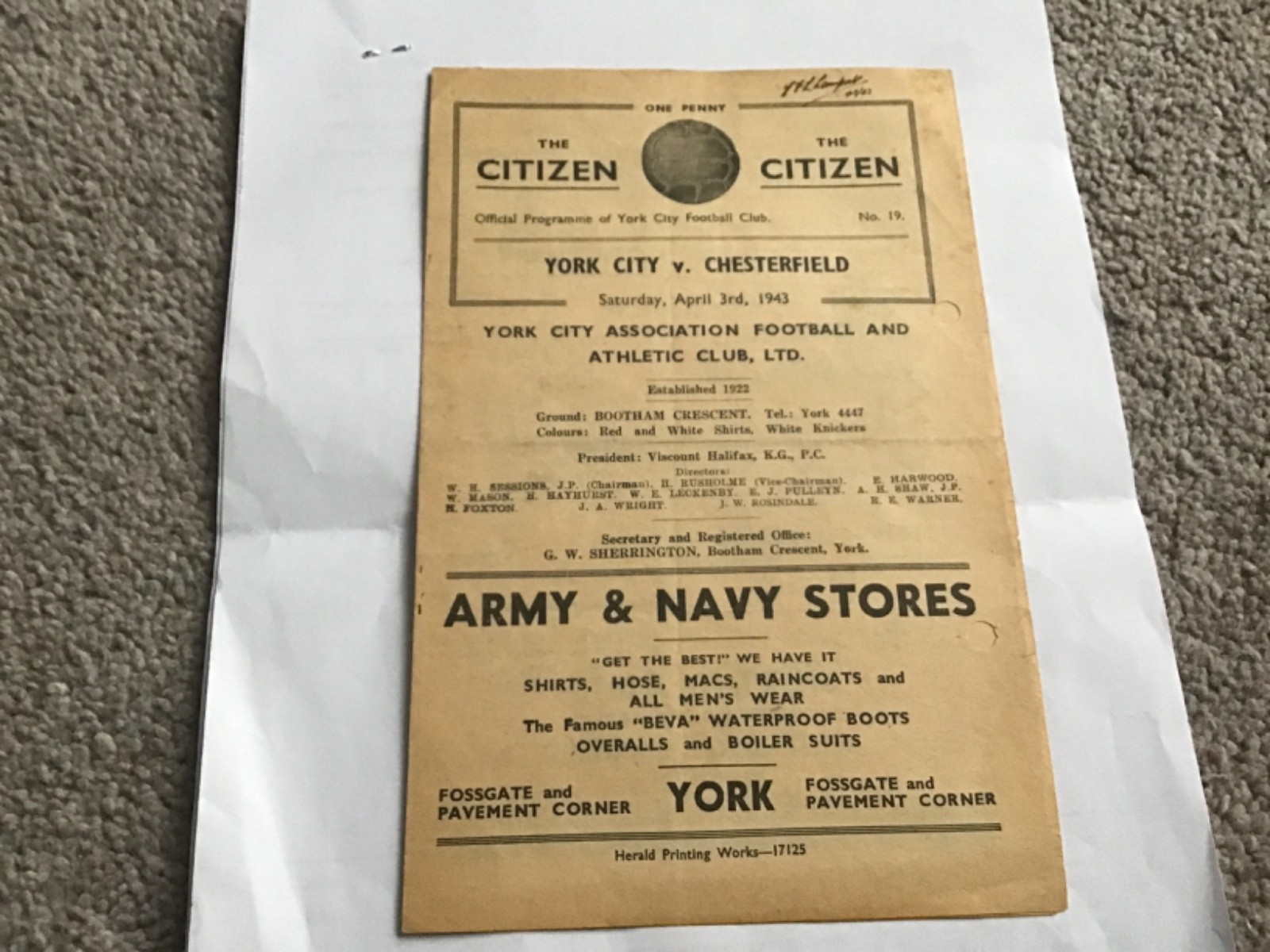 Rare York City v Chesterfield  Football  Programme 3/4/1943. for sale on Ebay