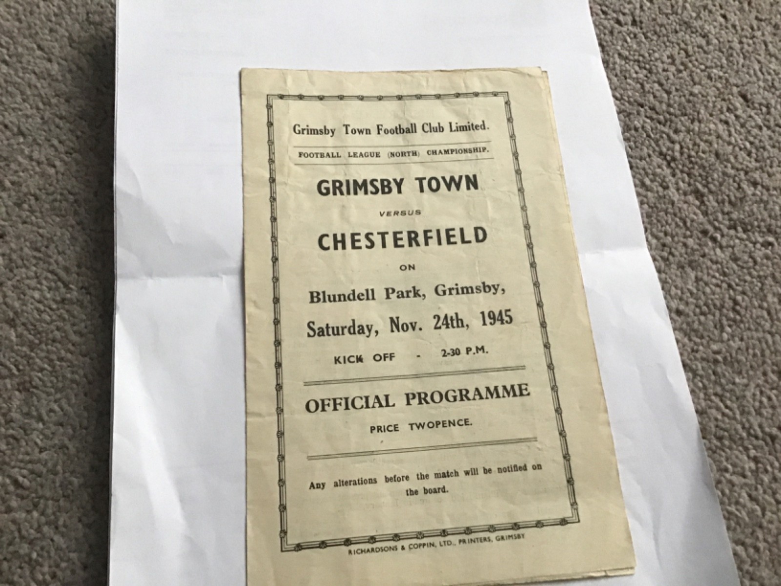 Grimsby Town v Chesterfield Football  Programme 24/11/1945. for sale on Ebay