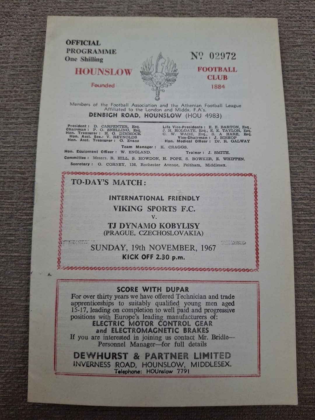 Viking Sports v TJ Dynamo Kobylisa friendly programme.  19/11/1967  @  Hounslow for sale on Ebay