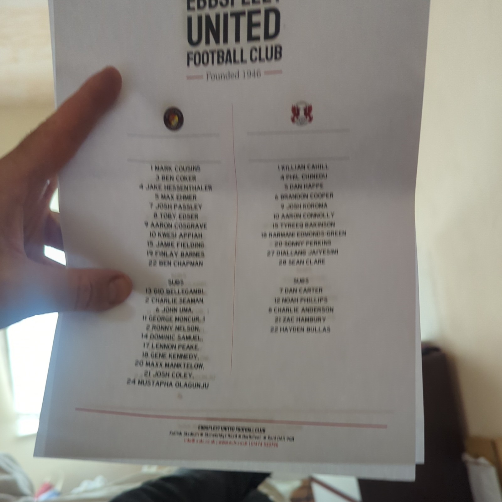 2025/26 Ebbsfleet Utd - Leyton Orient (Friendly) Official VIP / Media teamsheet. for sale on Ebay