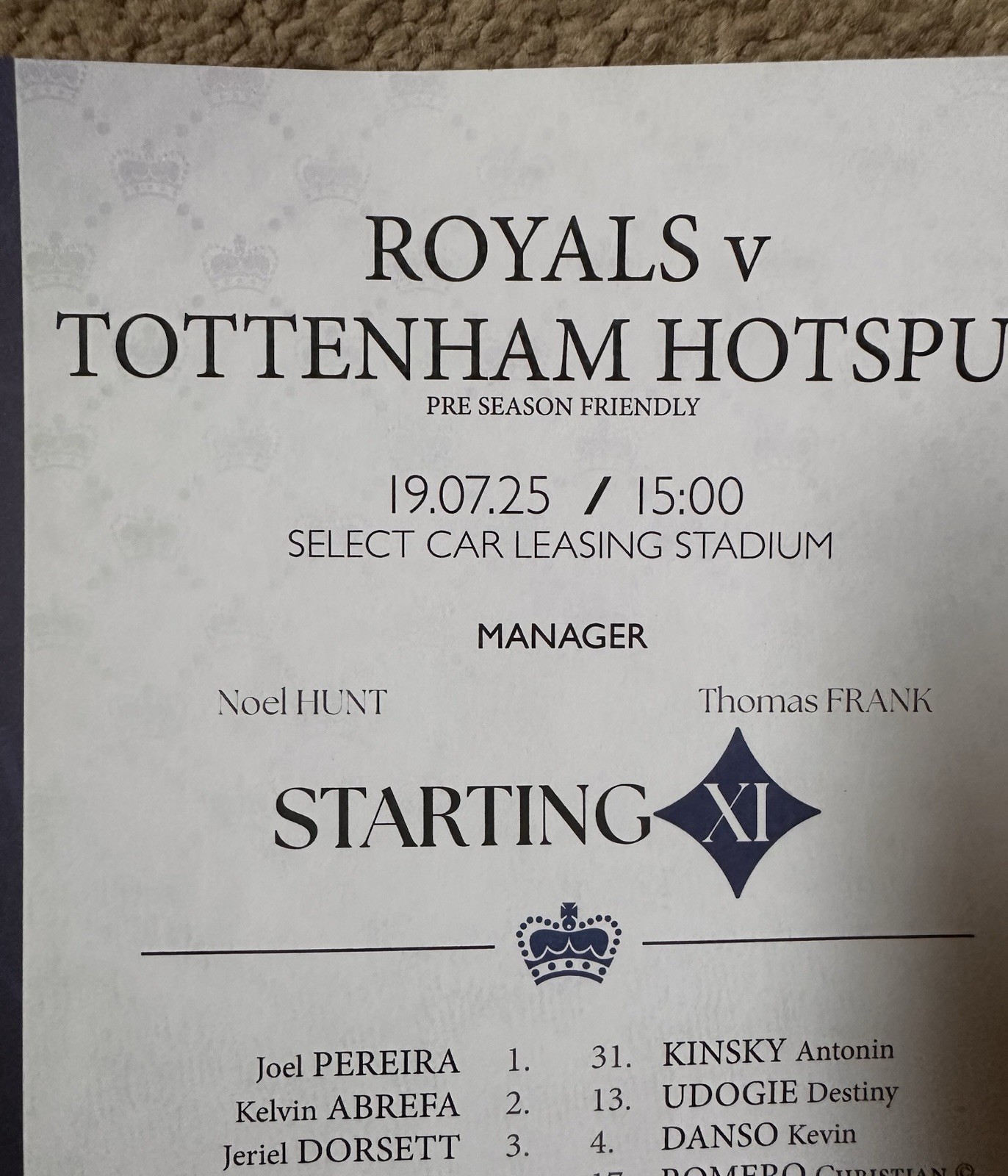 Reading FC V Tottenham Hotspur Spurs 19/7/25 2025-2026 Friendly Teamsheet for sale on Ebay