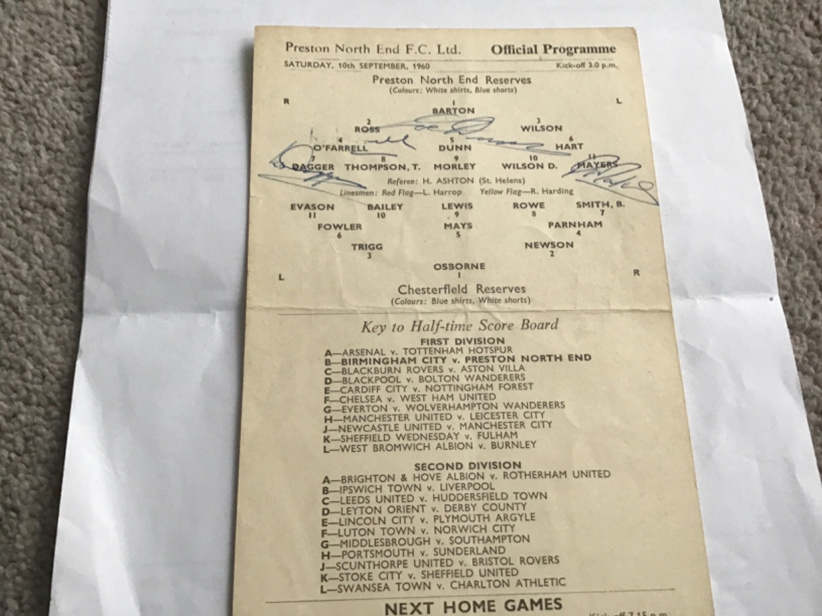 Signed Preston North End v Chesterfield Reserves Football  Programme 10/9/1960. for sale on Ebay
