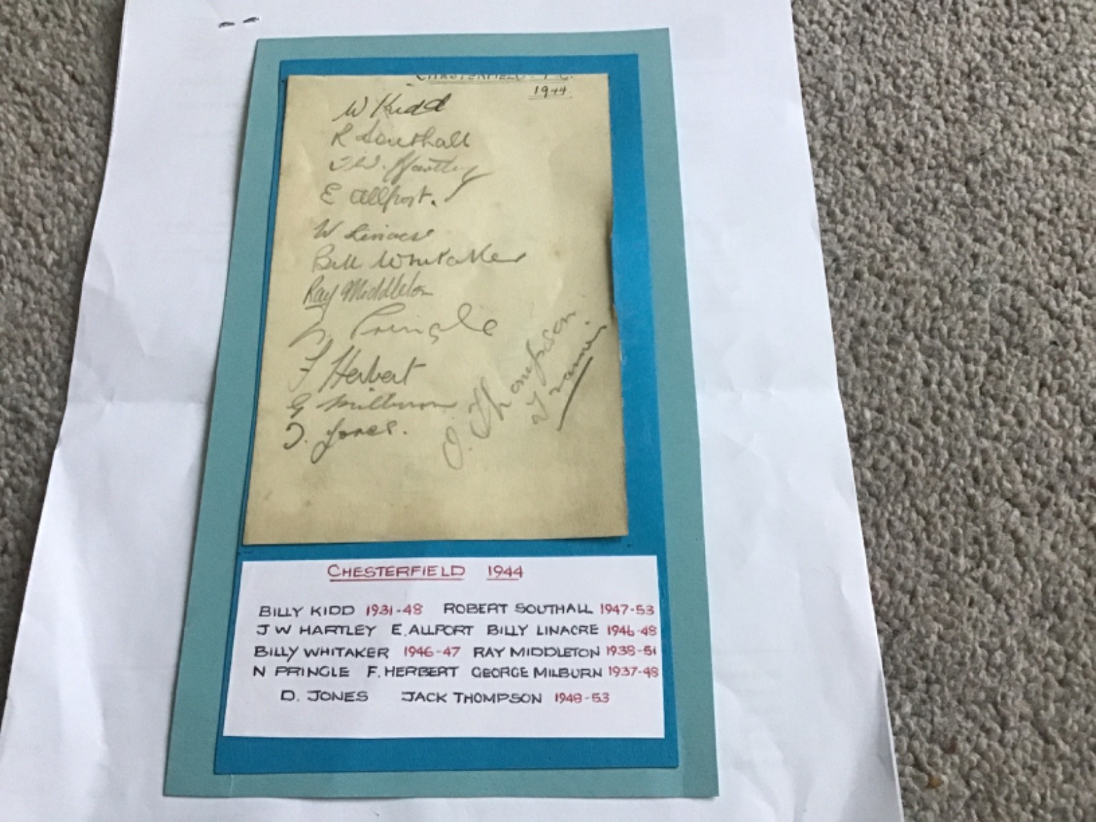Chesterfield Football Team 1944 and 1950. ( 21 signatures ). for sale on Ebay