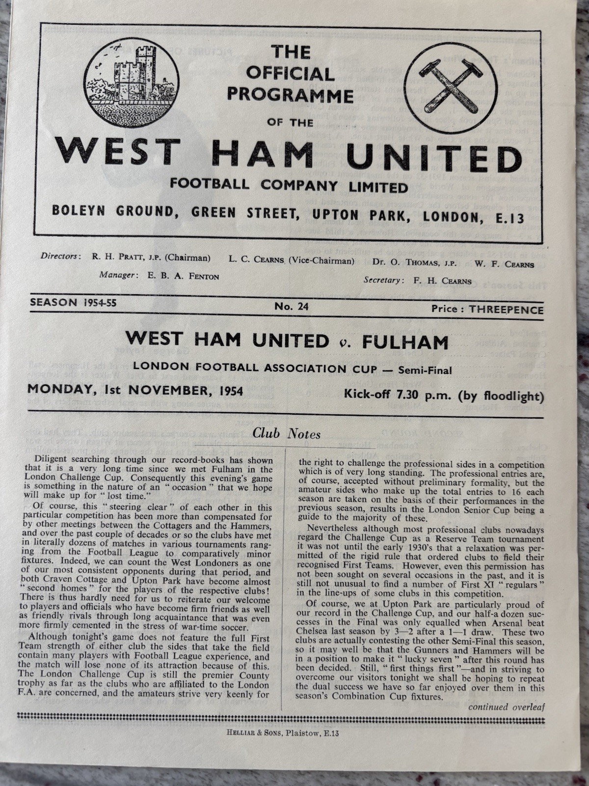 West Ham United  V Fulham. November 1st 1954. London F.A Cup Semi-Final. Rare.  for sale on Ebay