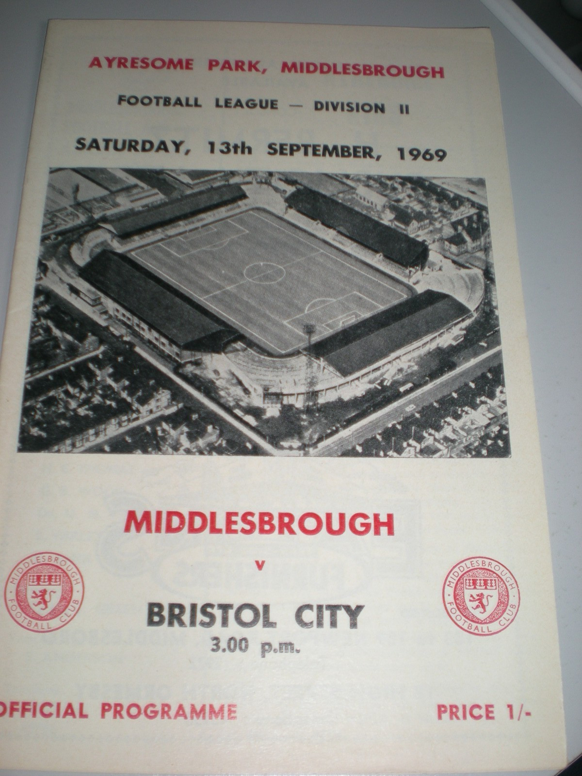 MIDDLESBROUGH v BRISTOL CITY,   13th SEPTEMBER 1969,  NO WRITING/STAPLES.  MINT. for sale on Ebay