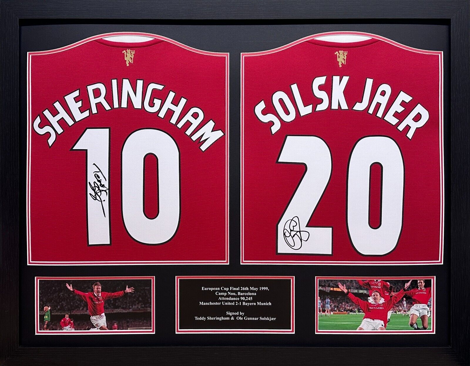 SOLSKJAER & SHERINGHAM 2 SIGNED MANCHESTER UNITED SHIRTS in 1 FRAME & PROOF COA for sale on Ebay