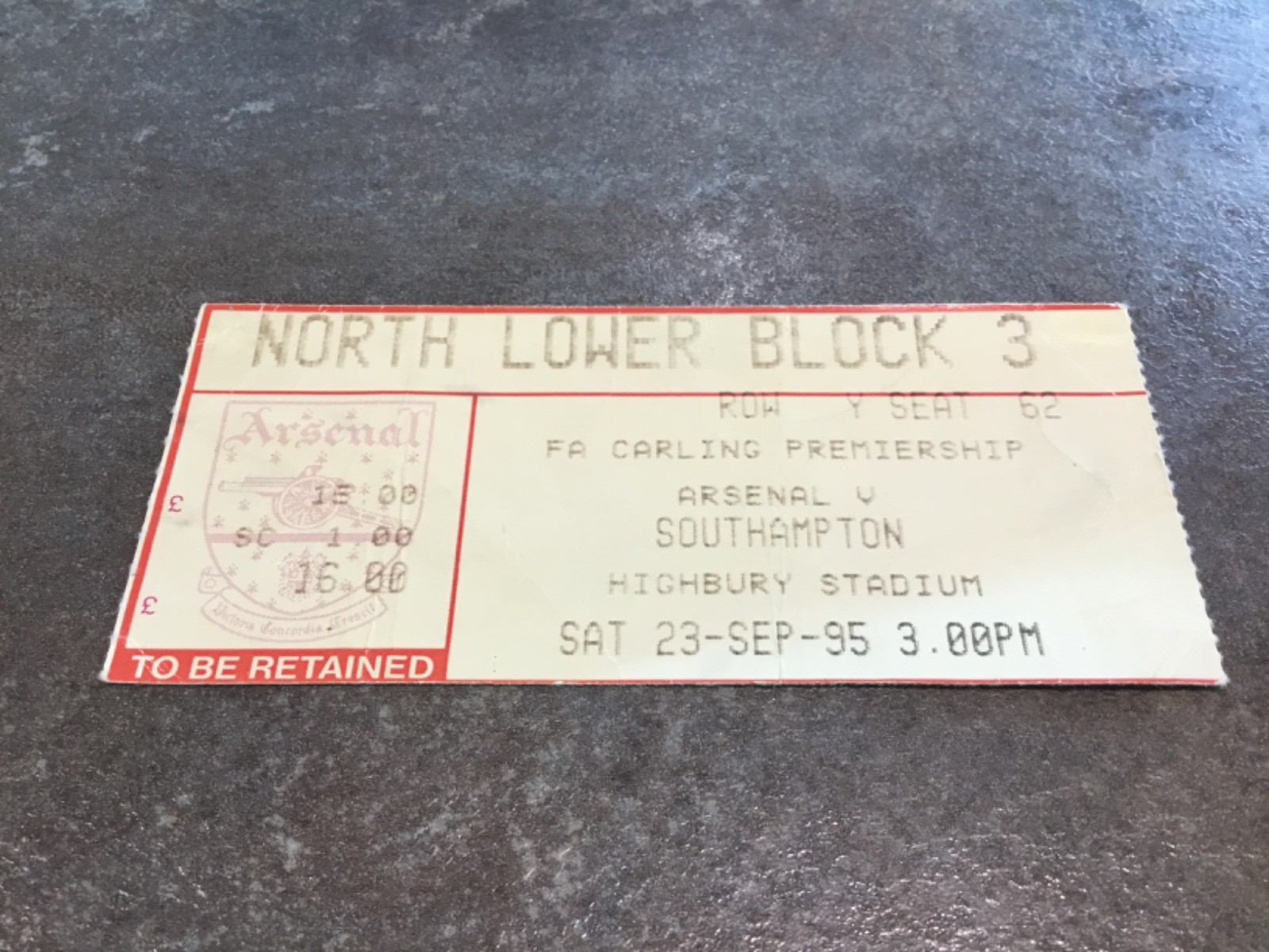 Arsenal v Southampton 23 September 1995 Match Ticket for sale on Ebay