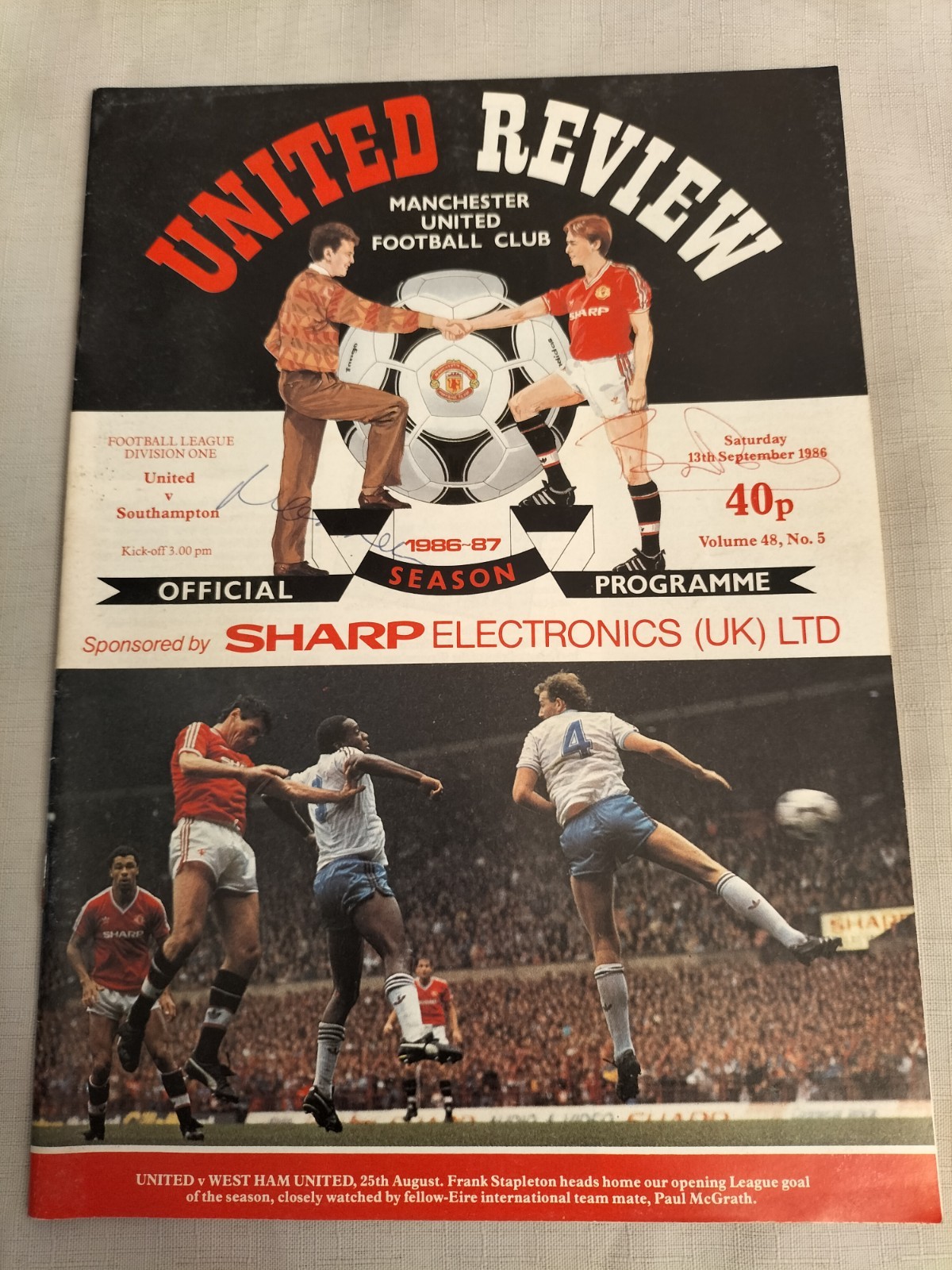 1986/87 Manchester United v Southampton Matt Busby +2 signed programme 13th Sept for sale on Ebay